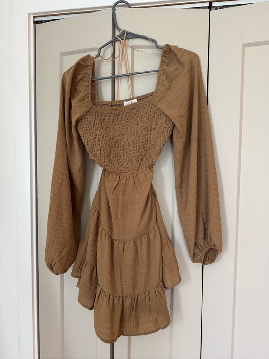 12th Tribe Dresses & Skirts - 12th Tribe Brown Smocked Puff-Sleeve Tiered Mini Dress